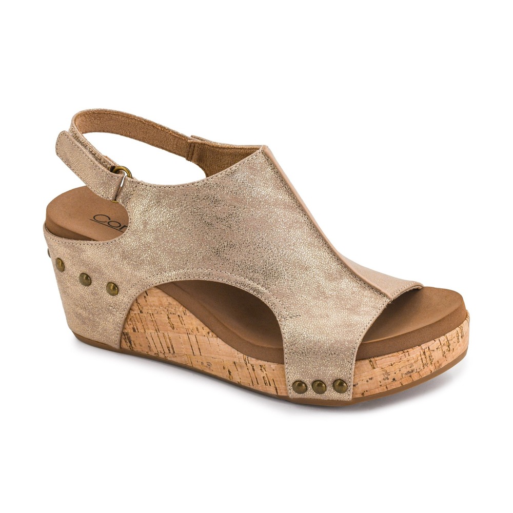 Corkys Carley Champagne Gold Metallic Studded Cork Wedge Sandals Women's 11